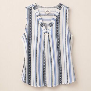 Perch Blu Pepper Blue White Striped Sleeveless V-Neck Faux Button Back Blouse 1X